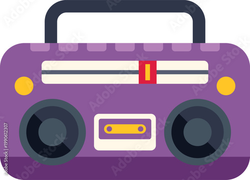 Purple retro boombox playing music with a classic cassette tape and speakers
