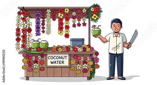 man selling coconut water at colorful tropical fruit and flower stand