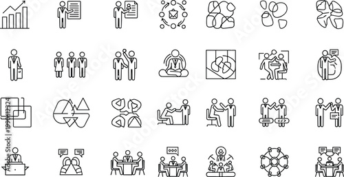 Teamwork collaboration icons set business people meeting communication outline vector collection minimal modern corporate partnership symbols