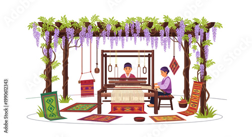 traditional asian textile makers at work in garden