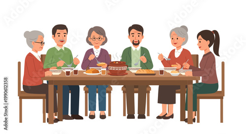 family dinner gathering with senior and young adults eating together