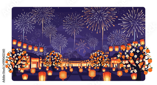 Vibrant lanterns and fireworks display at night festival celebration