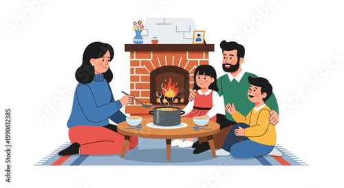 family sitting by fireplace, warm and cozy home atmosphere