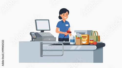 A vector illustration of a smiling cashier standing behind a checkout counter with various items