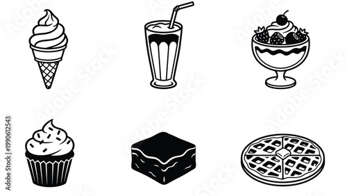 Monochrome Dessert & Sweet Treat Icons Set: Ice Cream, Milkshake, Sundae, Cupcake, Brownie, Waffle