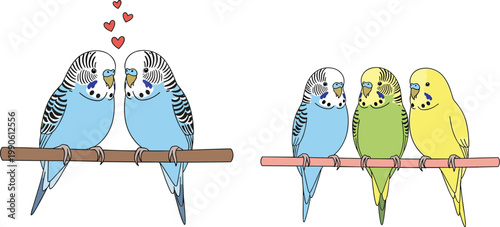 Set of Cute Cartoon Budgie Birds with Different Color Variations and Loving Expressions on Branches