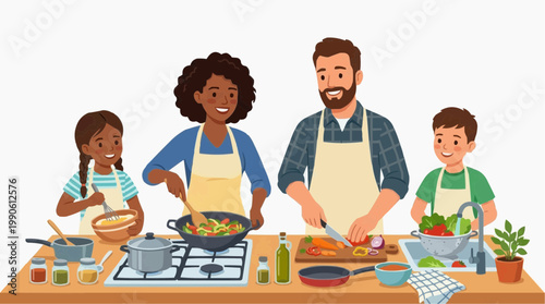 A happy family of four cooking together in a kitchen with a stove and various food ingredients