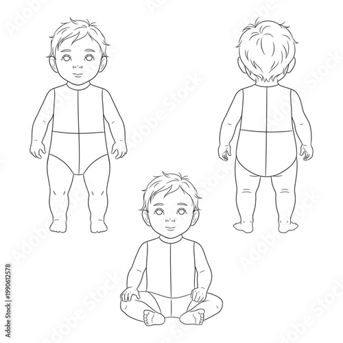 A clean vector line illustration baby body template featuring front, back, and sitting poses. Ideal for children’s clothing design, fashion sketches, pattern drafting, and kids’ product illustrations
