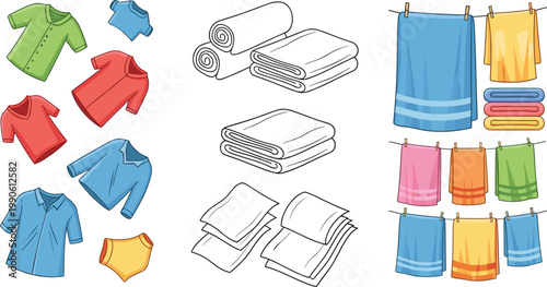 Clothing and Towel Collection Illustration with Folded Fabrics, Hanging Laundry, Casual Apparel Items, and Household Textile Organization Set