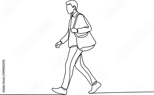Man walking with bag on shoulder.