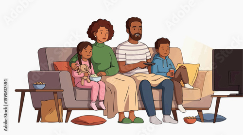 A cartoon family of four sitting on a couch watching TV together in a cozy living room