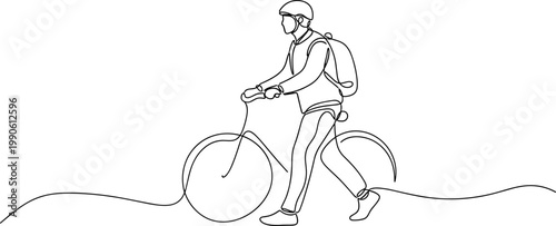 Man walking with bicycle and backpack.