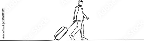 Man walking with luggage suitcase.