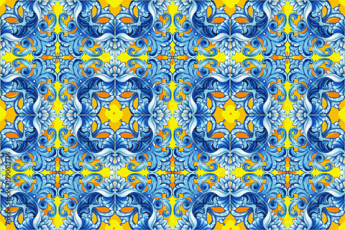 Vector decorative pattern blue yellowish and white design with frame or border. Baroque Vector mosaic. Traced watercolo. Capri Majolica