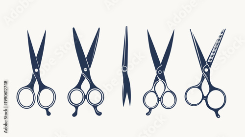 A collection of various scissor silhouettes. A dark blue set against a neutral, off-white background