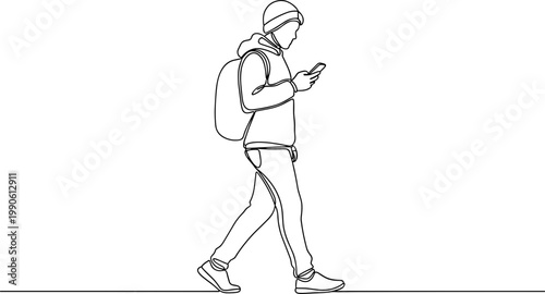 Person walking with backpack and phone.