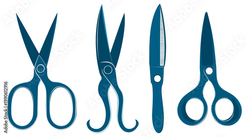 Four stylized scissor illustrations in varying styles, shaded blue, on a white background