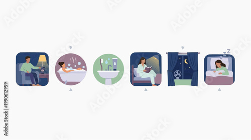 A vector graphic illustration of a nighttime routine with five icons depicting relaxation and sleep preparation