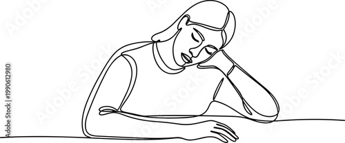 Sad woman resting on table alone.