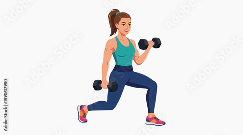 A fit woman performing a lunge exercise with dumbbells in a modern vector illustration