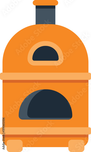 Orange two level pizza oven with chimney and arched openings