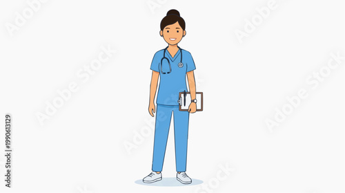 A cartoon illustration of a female nurse in blue scrubs holding a clipboard and wearing a stethoscope.