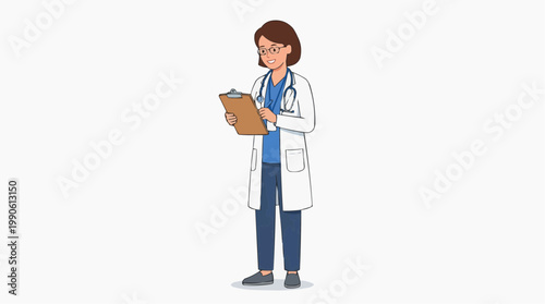 A female doctor in a white lab coat holding a clipboard and smiling