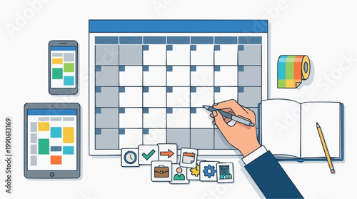 A vector illustration of a hand planning on a calendar with mobile devices and office supplies nearby