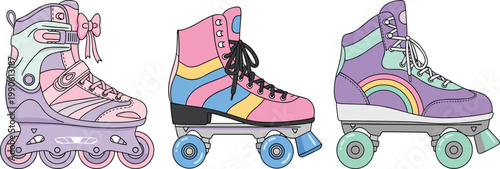 Set of Colorful Roller Skates with Fun Patterns and Pastel Colors in Stylish and Playful Designs