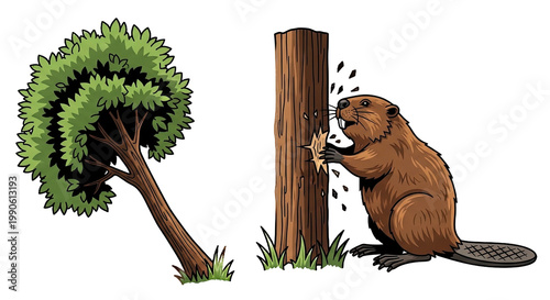 Beaver gnawing on tree trunk wood.
