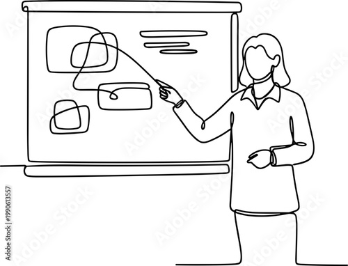 Woman pointing at presentation screen.