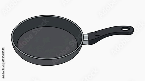 A minimalist vector illustration of a black frying pan with a handle on a white background