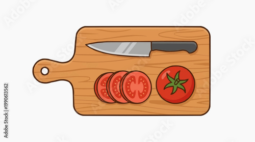A vector illustration of a cutting board with a knife and tomatoes