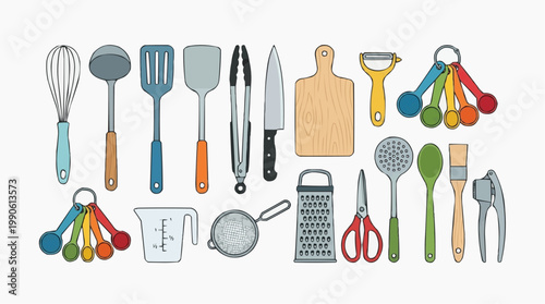 A colorful vector illustration of various kitchen utensils and tools on a white background