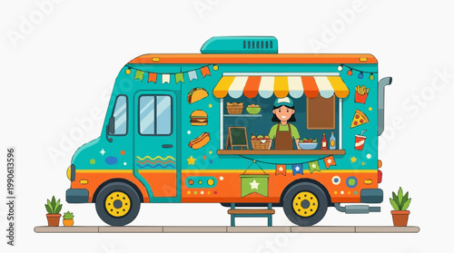 A colorful vector illustration of a food truck with a chef serving customers