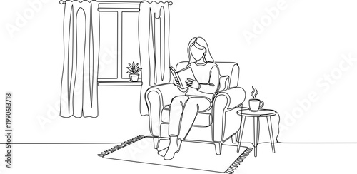 Woman Sitting in Armchair Reading Book.