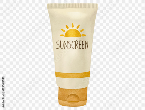 Watercolor sunscreen tube summer skincare protection illustration Vector.