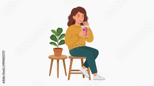 A cartoon woman sits on a stool with a plant, drinking from a cup in a modern vector illustration