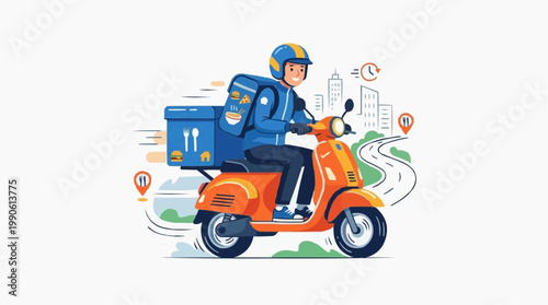 A food delivery rider on a scooter with a blue insulated bag and a cityscape background