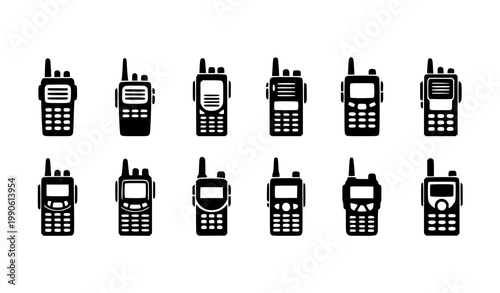 Black walkie talkie icons vector set with handheld radio communication devices in flat minimal style isolated on white background