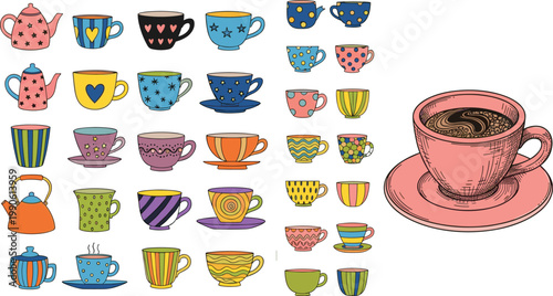 Colorful Coffee Cups and Teapots Collection with Cute Patterns, Tea Set, Hot Drink Mug Variety, Decorative Kitchenware Flat Vector Illustration