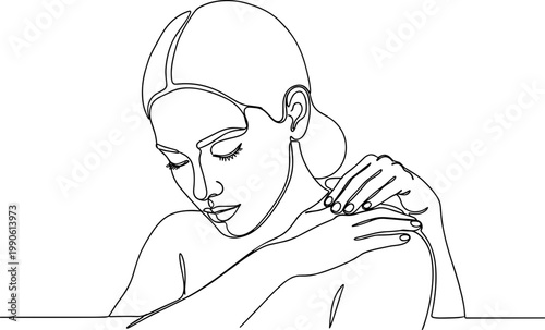 Woman with hand on shoulder relaxed.