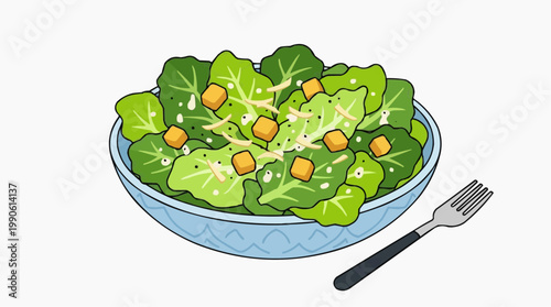 A vibrant vector illustration of a fresh green salad in a blue bowl with a fork.