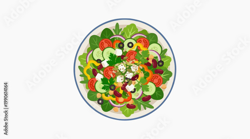A vibrant vector illustration of a colorful salad on a plate with a blue rim