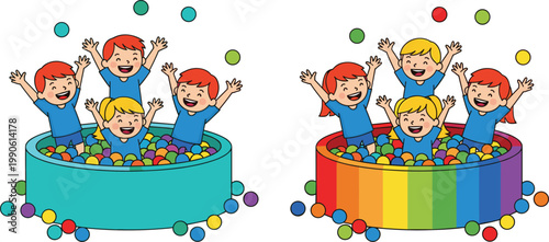Set of Cartoon Children Playing in Ball Pits with Colorful Balls in Fun and Bright Designs