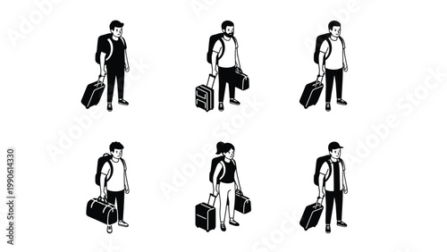 Isometric vector set of diverse travelers with luggage and backpacks, ready for journey. Black and white illustration.