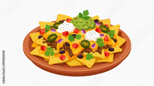 A vector illustration of a plate of nachos with various toppings