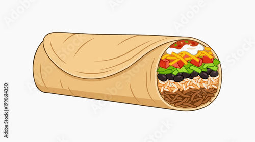 A vector illustration of a delicious burrito cut in half showing its savory filling