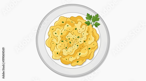 A vector illustration of a plate of ravioli with herbs on a white background