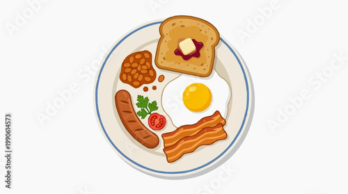 A vector illustration of a plate of breakfast food with a fried egg, sausage, bacon, toast, and beans.